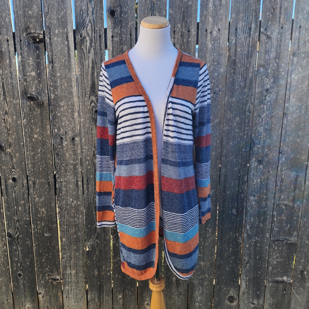 Bombom Cardigan Sweater Striped Long Sleeve Womens Large Made In USA Earth Tones